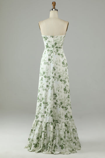 Vestido de Dama de Honor Verde Estampado Sin Tirantes Asimétrico